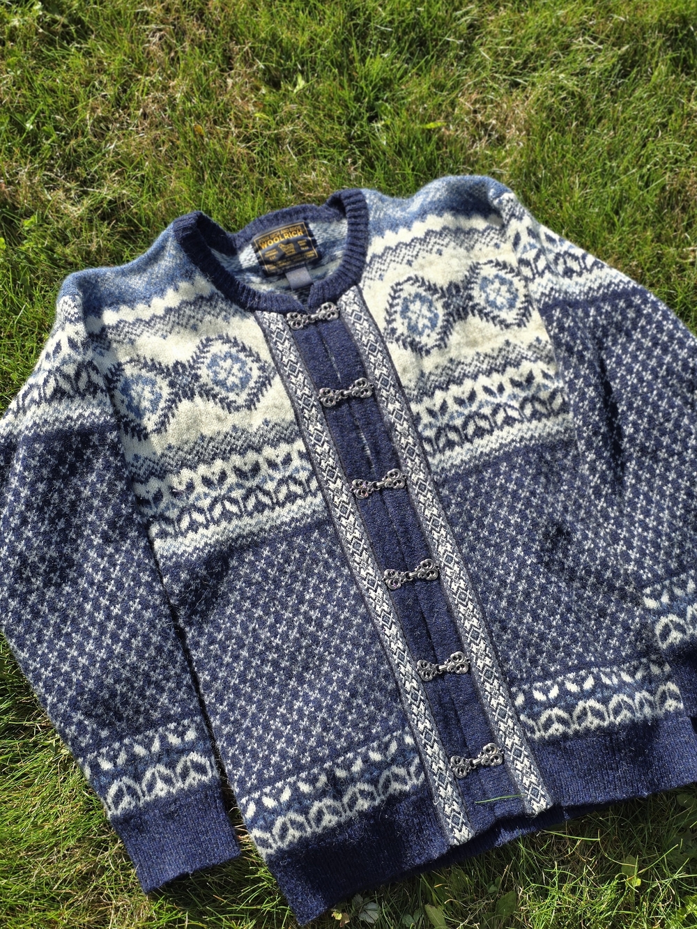 *VTG* WOOLRICH 100% Wool Nordic-Style Blue Cardigan Sweater